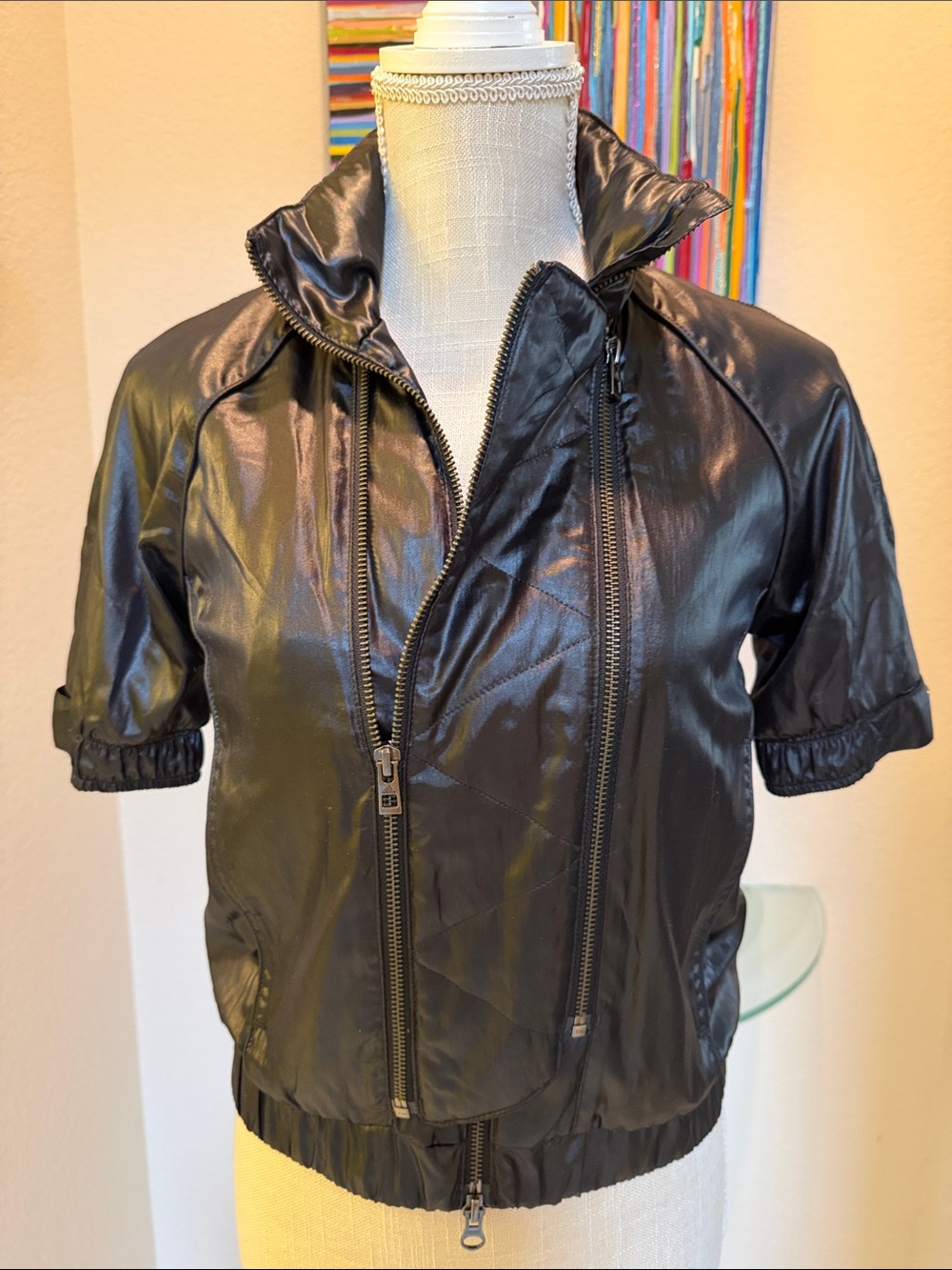 Adidas by Stella McCartney Shiny Black Short-Sleeve Bomber Jacket